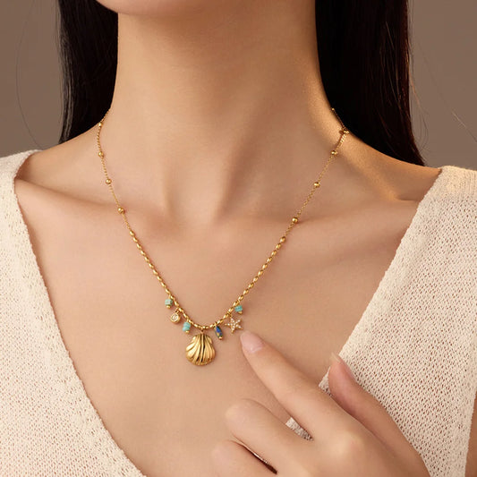Collier Coquillage Doré et bleu en acier inoxydable