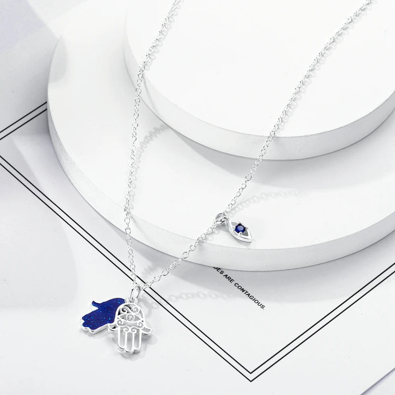 Collier protection Hamsa Argent 925 avec Oeil Bleu