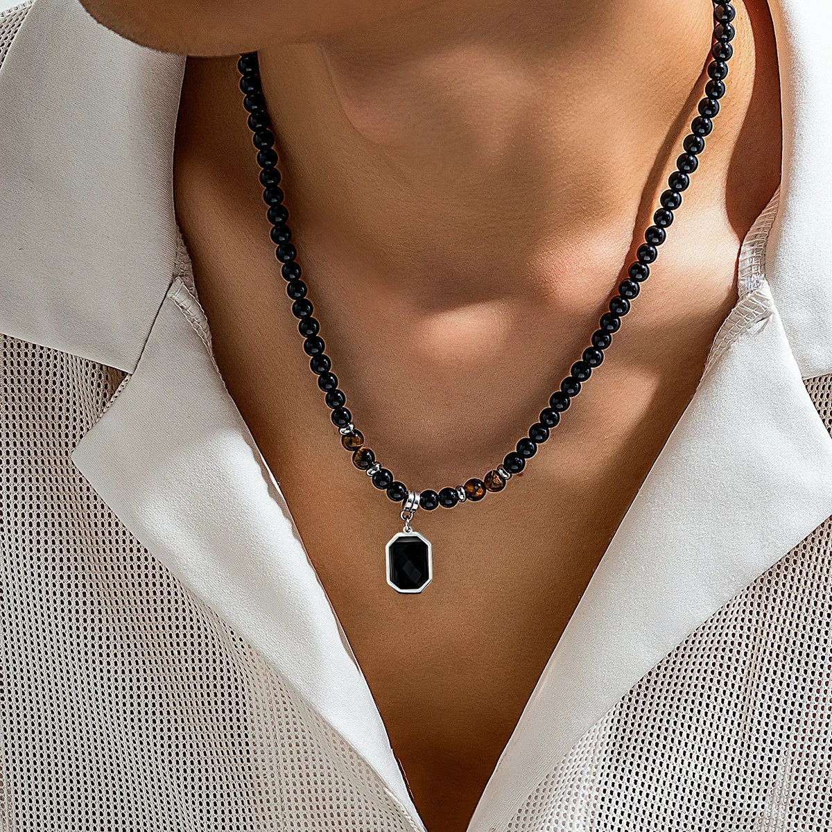 Collier Homme avec Perles Noire et Brunes