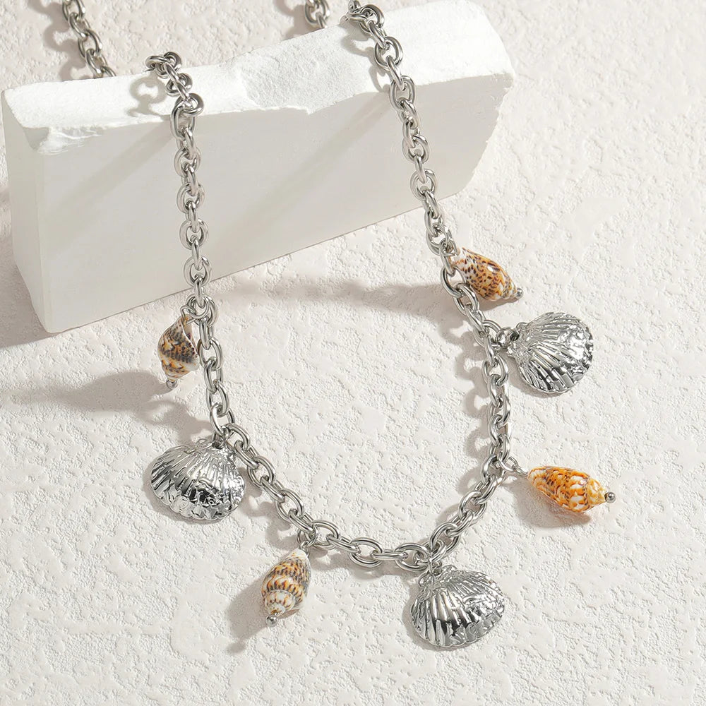 Collier Pendentif Coquillage en acier inoxydable argent