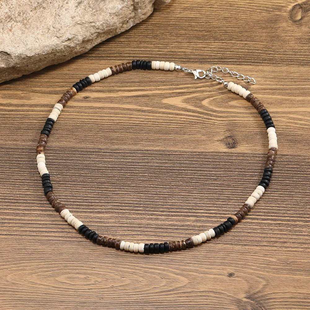 Collier Perle Plate blanche, noir et marron