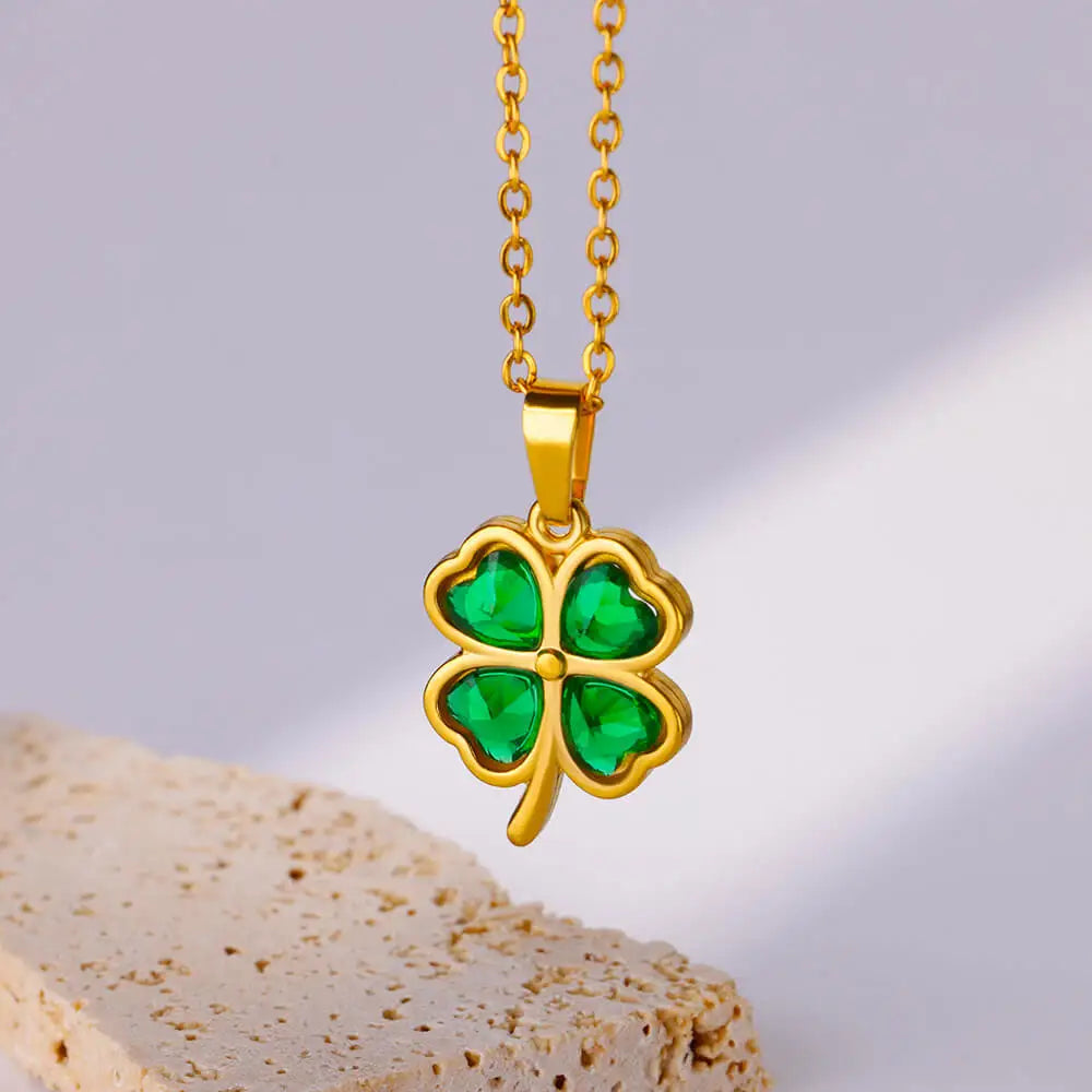 Collier Trèfle Vert en Acier inoxydable doré