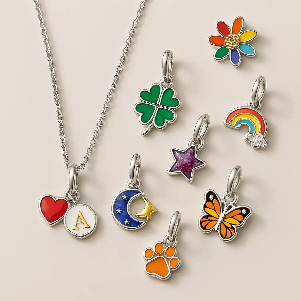 Une collection de charms de couleur argentée avec des motifs en émail coloré, comprenant un trèfle à quatre feuilles, un arc-en-ciel, une étoile, la lune et une étoile, une patte, un papillon, un cœur, et un disque avec l'initiale « A », avec un de ces charms suspendu à un délicat collier en chaîne.