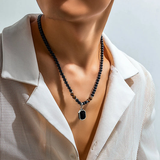Collier Homme avec Perles Noires et Pendentif Obsidienne