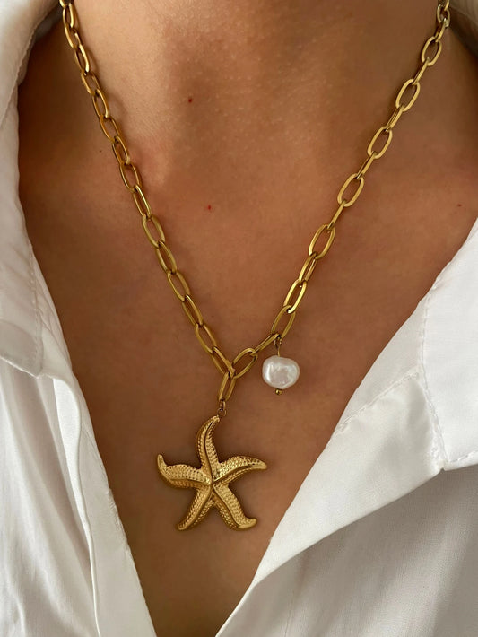 Collier Perle Étoile de Mer Plaqué or 18K avec perle nacré